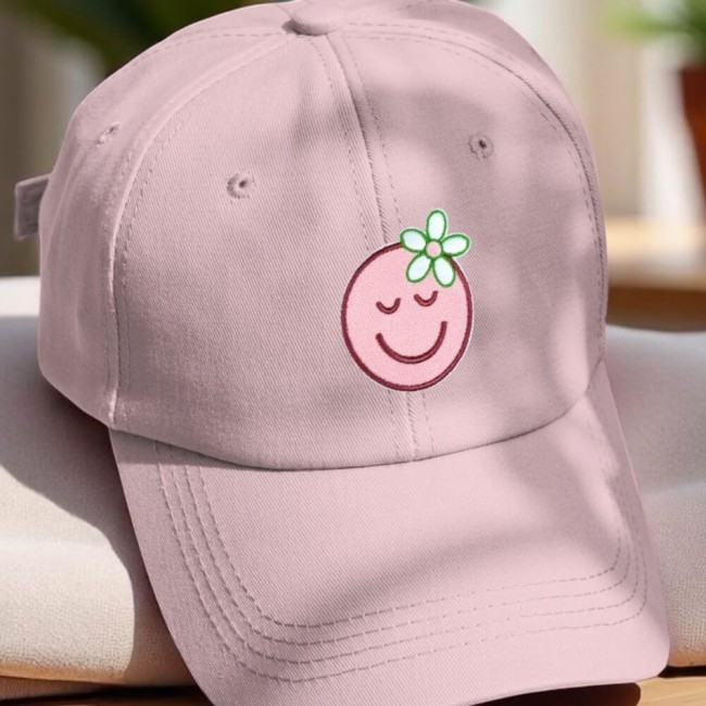 Écusson thermocollant rétro rose poudré avec petite marguerite sur une casquette vieux rose