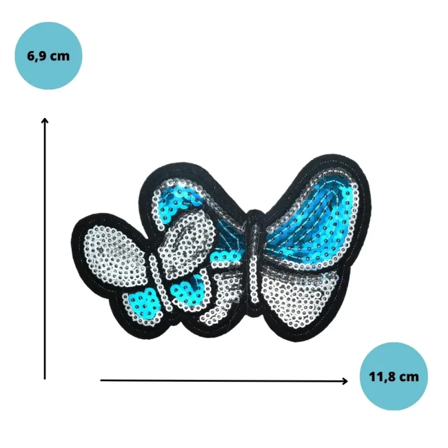 Patch papillon bleu et argent 11,8 cm Dimensions du patch papillon à sequins : 11,8 x 6,9 cm