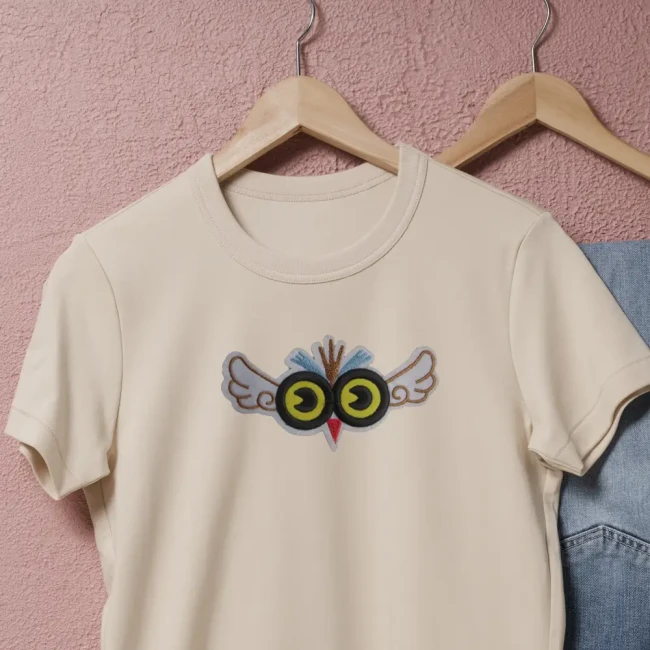 Écusson brodé hibou sur tee-shirt Patch hibou ailé posé sur un tee-shirt beige