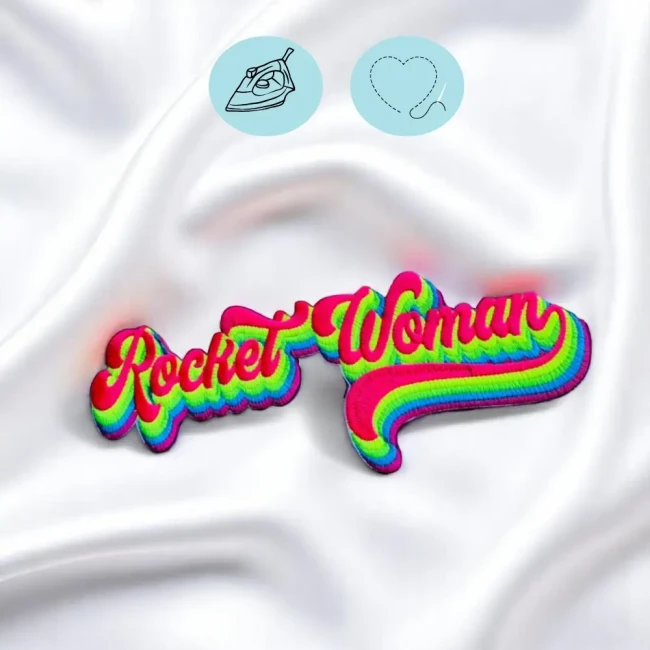 Patch brodé Rocket Woman style Elton John seventies Patch brodé Rocket Woman fluo à coudre ou à coller