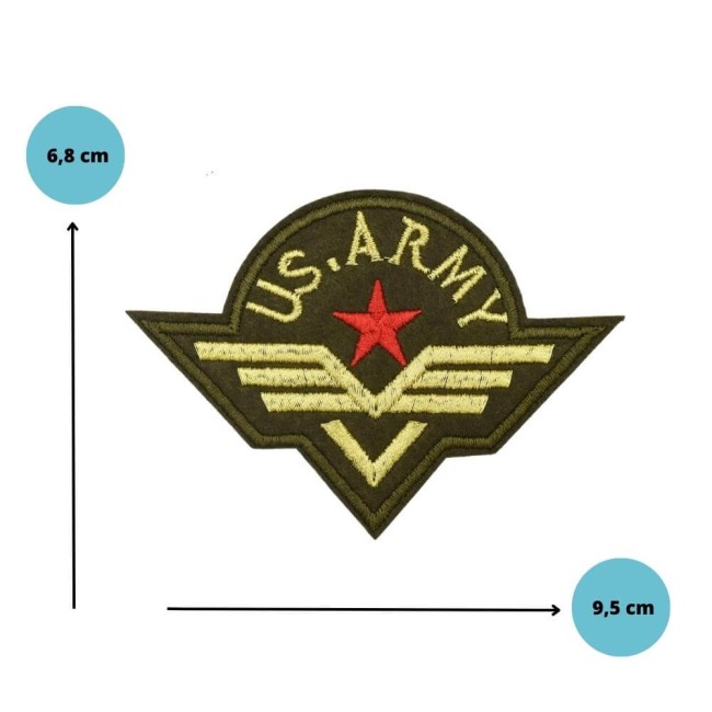 Taille réelle de l’écusson militaire brodé Patch US ARMY avec dimensions 9,5 x 6,8 cm