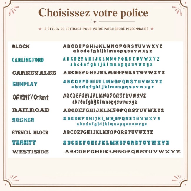 Sélection de 10 polices pour personnaliser un patch biker brodé : Block, Westside, Rocker, Varsity, Railroad, Stencil Block, Orient, Carlingford, Gunplay et Carnivalee
