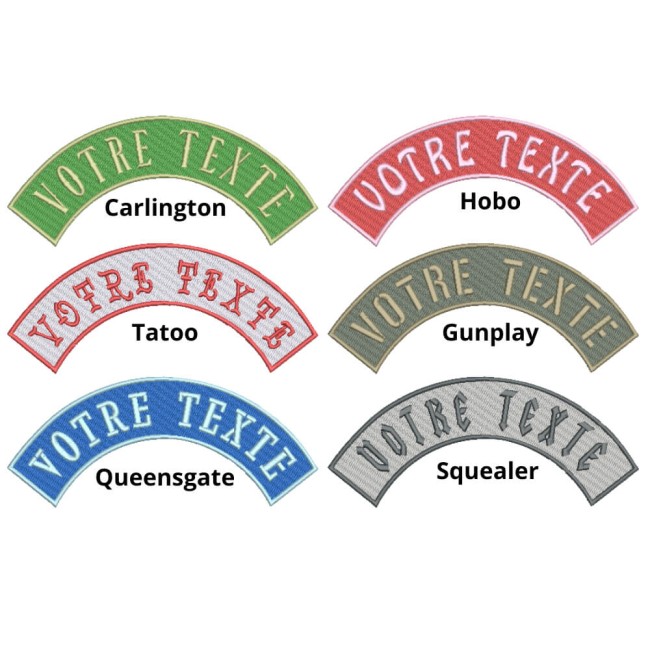 Écusson brodé grand format personnalisé pour veste de motard ou hoodie Exemples de patchs dorsaux personnalisés dans divers polices de caractères au choix