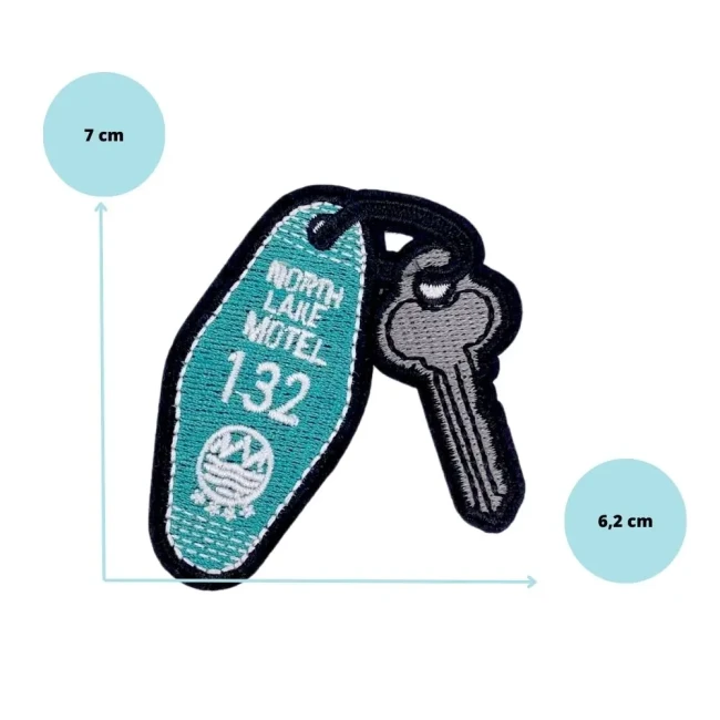 Motif thermocollant clé de Motel - style rétro facile à poser Patch brodé clé de motel vintage turquoise dimensions 7 x 6,2 cm