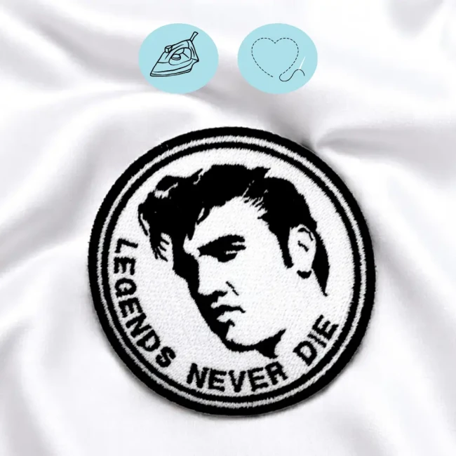 Ecusson thermocollant Elvis Presley Legends Never Die sur tissu blanc Patch rond Elvis Presley Legends Never Die 7,5 cm en noir et blanc