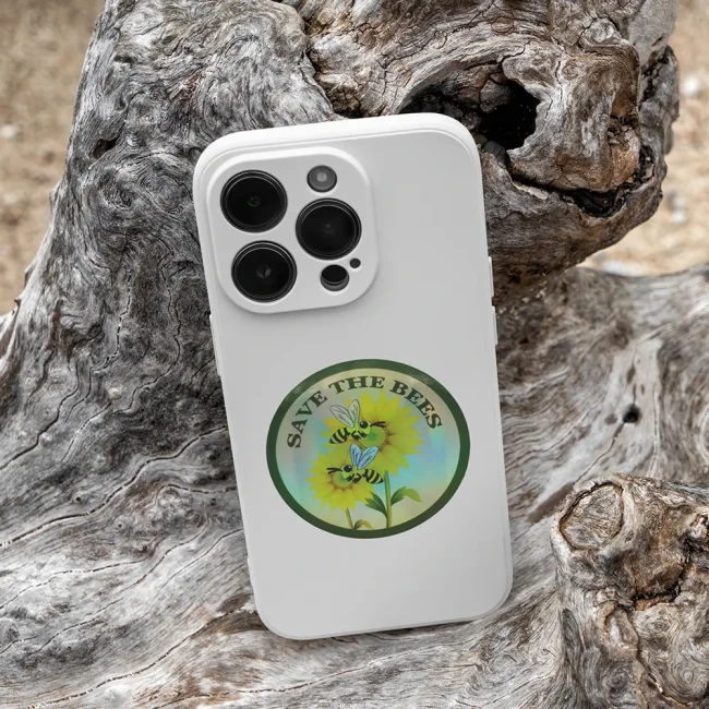 Autocollant vinyle effet holographique abeille Stickers écologiques avec abeilles et fleurs jaunes sur un iphone