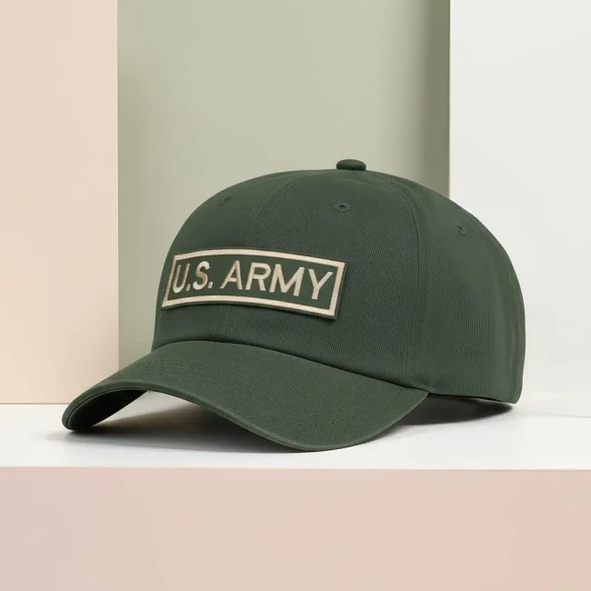 Ecusson US ARMY beige et kaki sur une casquette kaki casquette kaki avec le patch beige us army photographié de profil