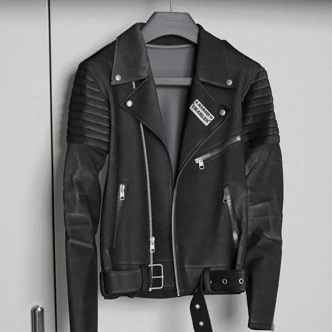 Ecusson hommage sur un perfecto en cuir Patch brodé personnalisé posé sur une veste noire