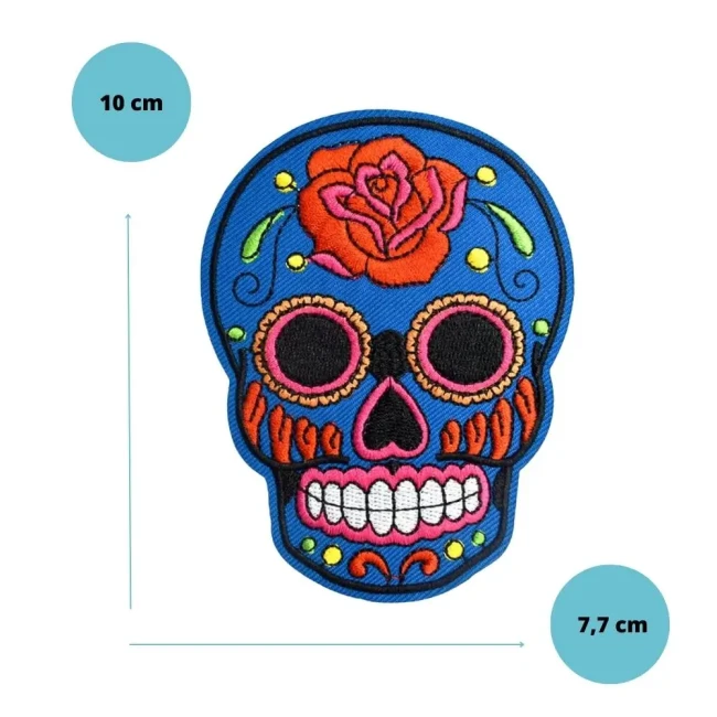 Écusson calavera bleu à la rose modèle 5 Patch calavera bleu modèle 5 avec grande rose, 10 x 7,7 cm