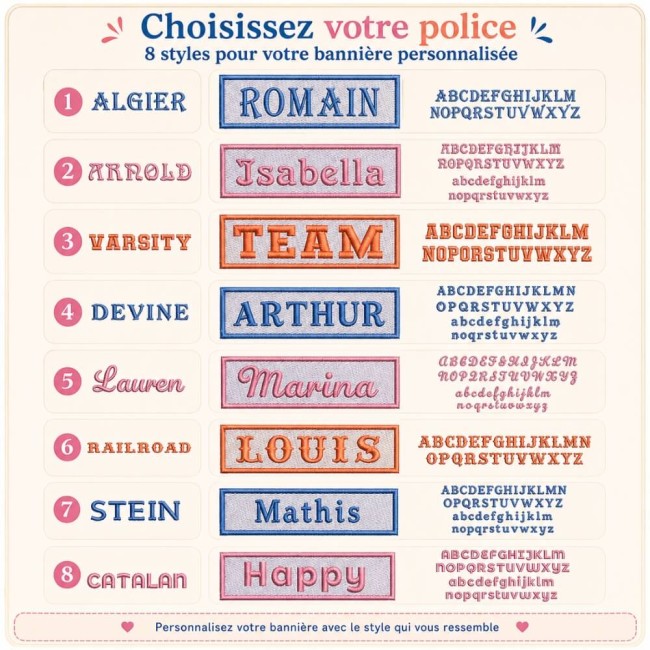 Polices pour patch prénom personnalisé 8 styles de polices disponibles pour patch prénom personnalisé