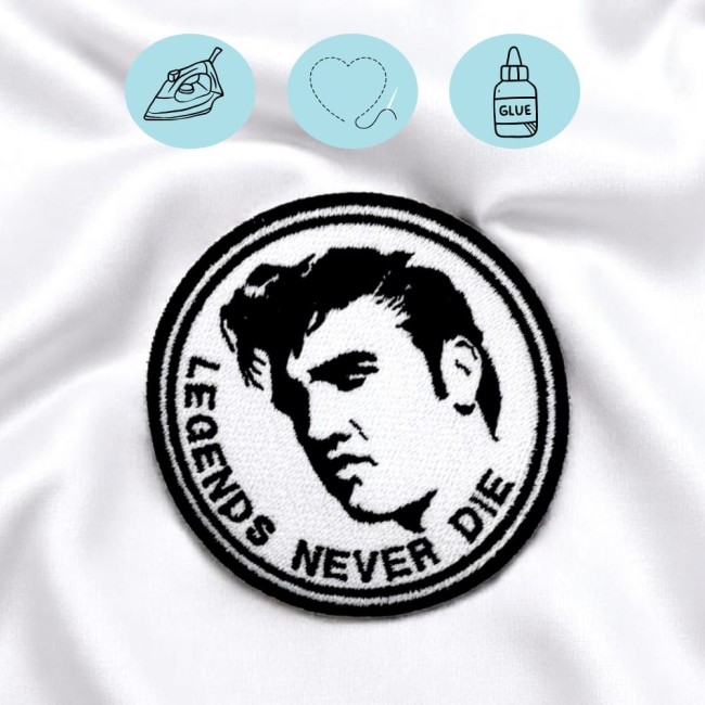 Patch rond Elvis Presley Legends Never Die 7,5 cm en noir et blanc
