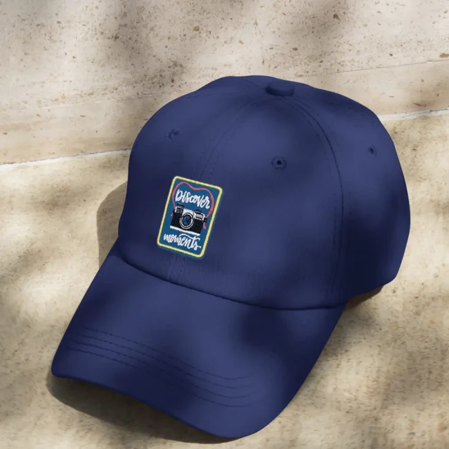 Patch appareil photo Discover Moments sur une casquette bleu marine
