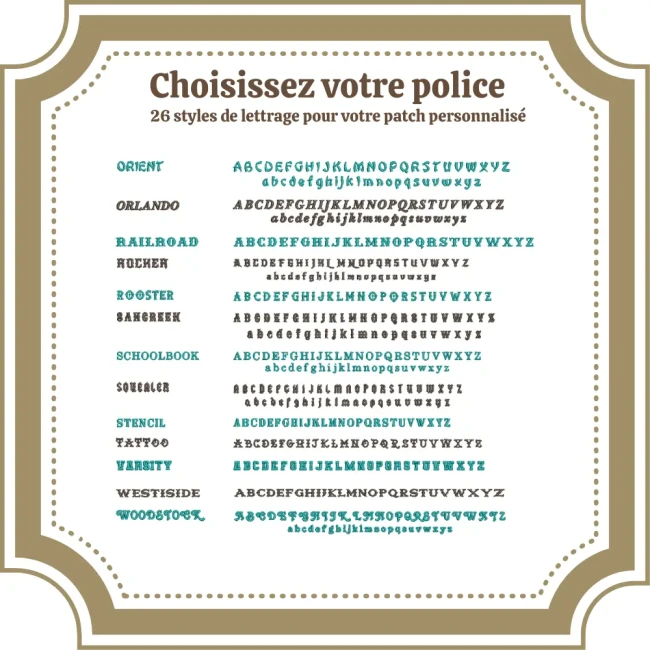 26 Polices proposées pour la création d’un patch biker personnalisé Sélection de 26 polices pour personnaliser un patch biker brodé : Westside, Rocker, Varsity, Railroad, Stencil, Orient, Tattoo etc