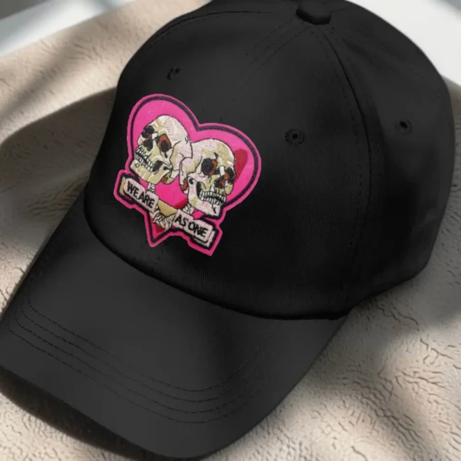 Écusson brodé We Are As One sur casquette noire Patch cœur et crânes posé sur une casquette noire