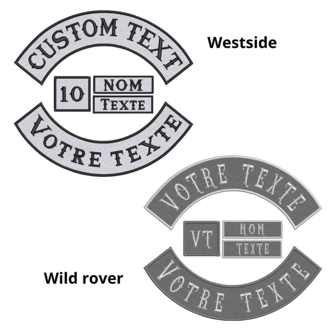 Patch dorsal biker brodé – fond tissu blanc ou gris souris Bannières dans les polices biker westside et wild rover