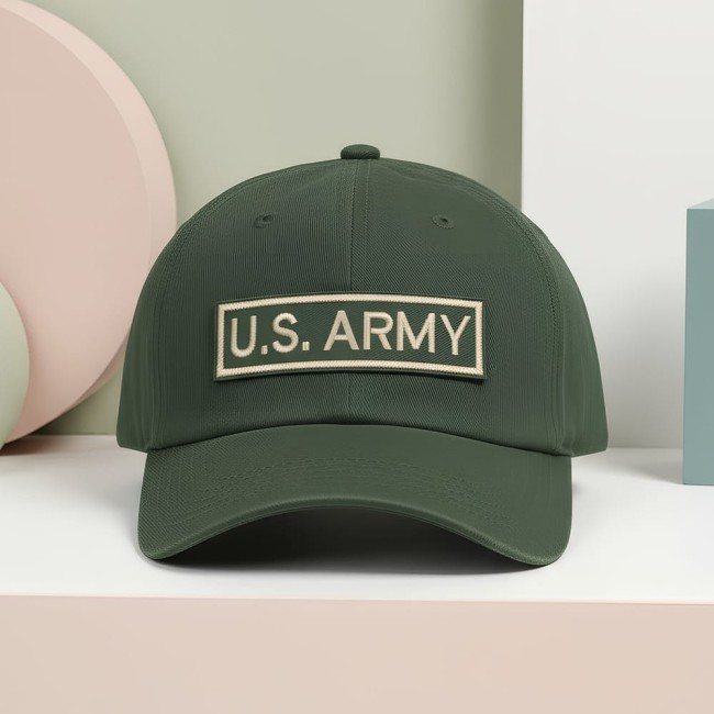 Patch US ARMY kaki positionné sur casquette vintage Ecusson militaire brodé à coller sur une casquette ou un bob