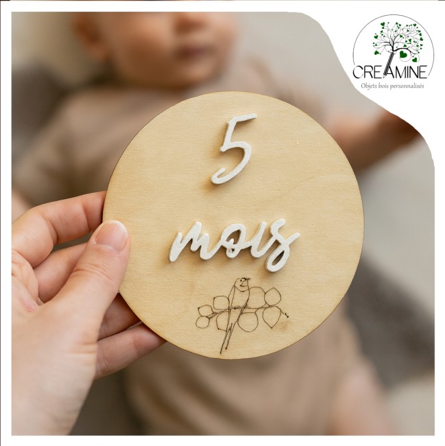Carte étape bois 1 mois 12 mois première année hirondelle eucalyptus naissance bébé