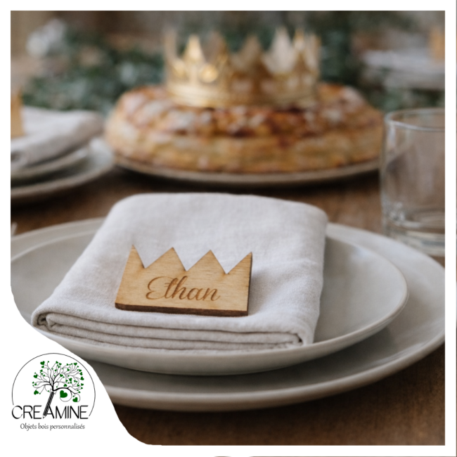 Marque place couronne roi anniversaire galette mariage évènement gravé personnalisé bois