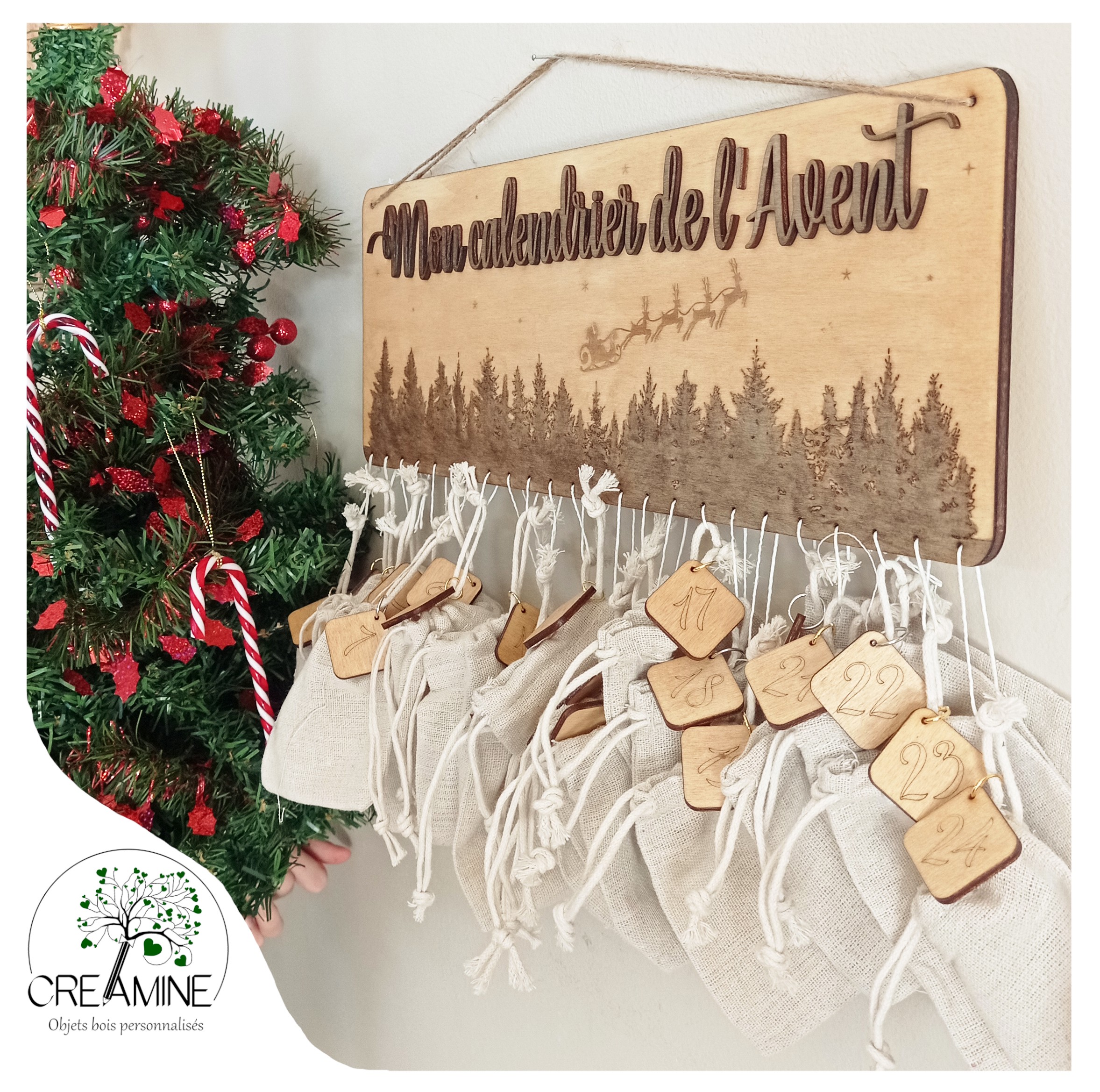 Calendrier De L'Avent En Bois Avec Cadre à Chocolat - Décoration Noël Comptage, Dimensions 37x33 Cm