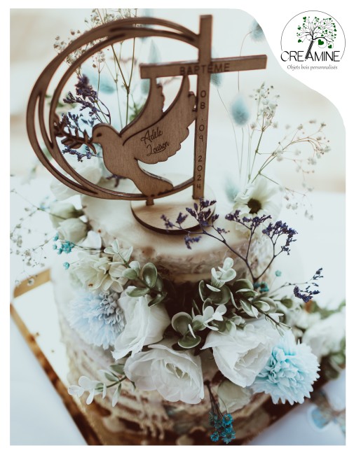 Topper bapteme colombes olivier croix personnalisé confirmation gravé bois