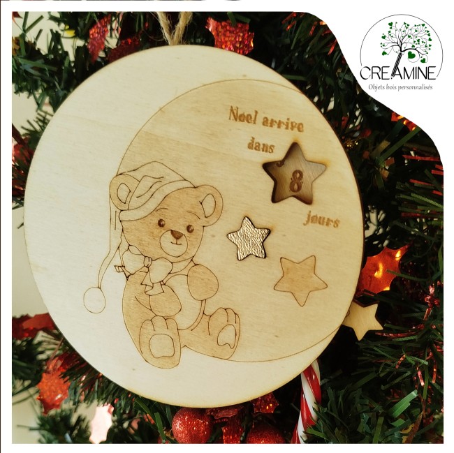 Decompte de noel boule de noel ourson bois