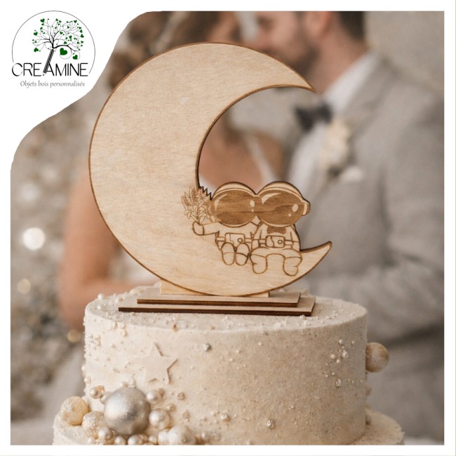Cake topper bois mariage astronaute lune espace