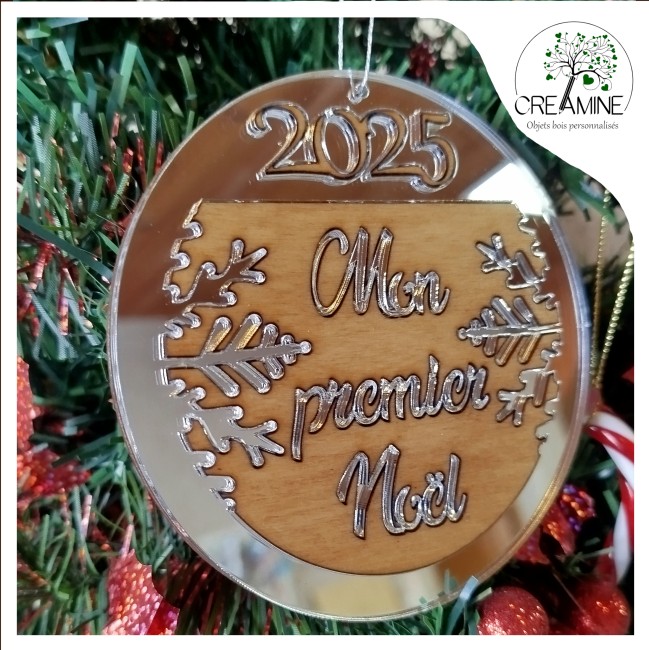 Boule bois et miroir mon premier noel bébé 2025