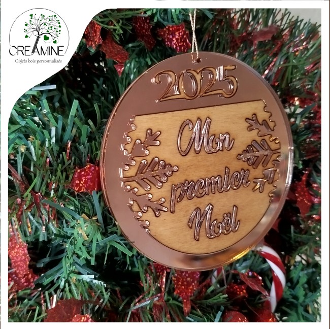 Boule bois et miroir mon premier noel bébé 2025 ROsE