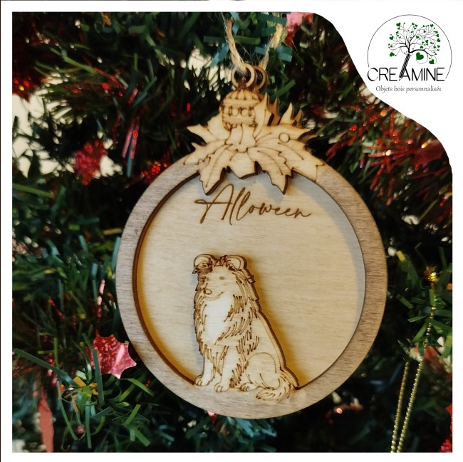 Boule de noël bois gravé personnalisé chien berger de shetland Boule de noël bois gravé personnalisé chien berger de shetland