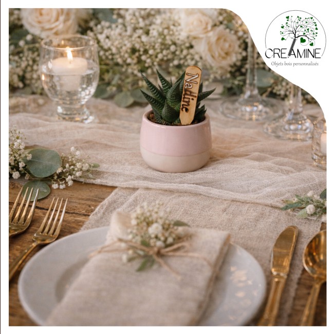 marque place bois succulente décoration mariage