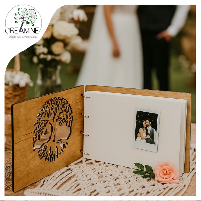 Livre d'or bois arbre de vie gravé mariage