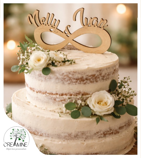 Topper infini gravé bois personnalisé mariage baptême