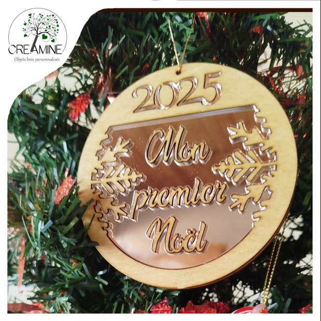 Boule de noël bois rose personnalisé mon premier noel bébé