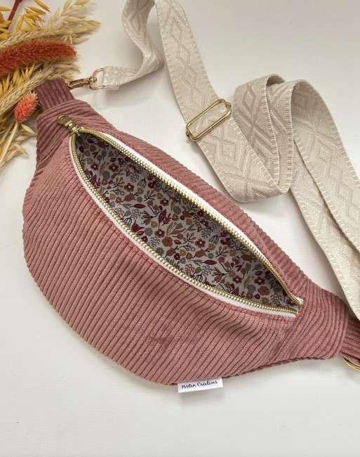Sac banane velours côtelé vieux rose - fermeture éclair coloris doré