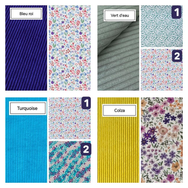 Vert d'eau, bleu roi, colza et turquoise