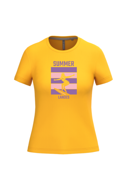 t-shirt jaune femme qui surfe summer landes pink et mauve