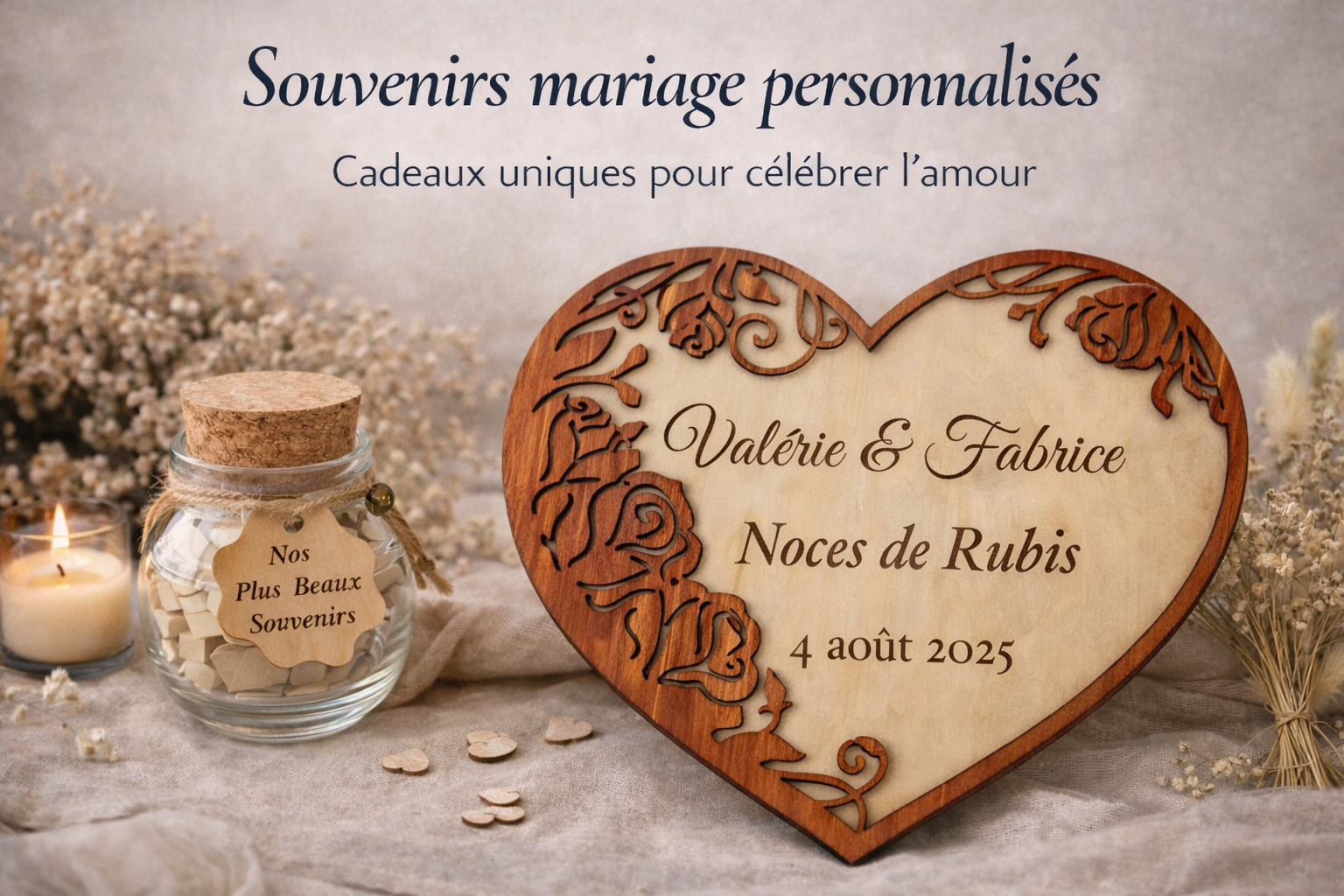 Coeur en bois personnalisé anniversaire de mariage avec pot souvenirs mariage personnalisé en verre – cadeau couple original