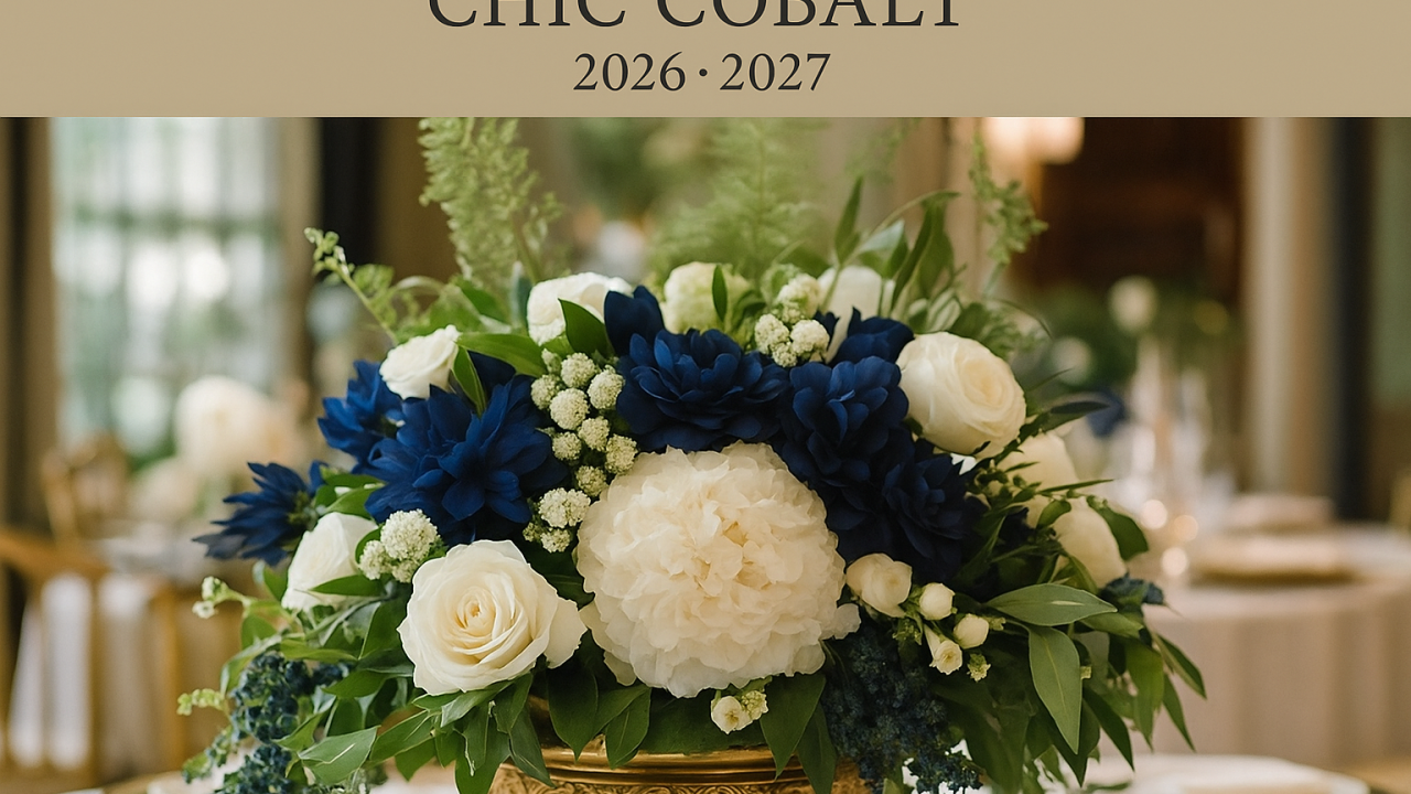 Table de mariage élégante avec fleurs bleu cobalt et blanches dans une coupe dorée, vaisselle raffinée, ambiance chic et moderne, palette Chic Cobalt 2026–2027
