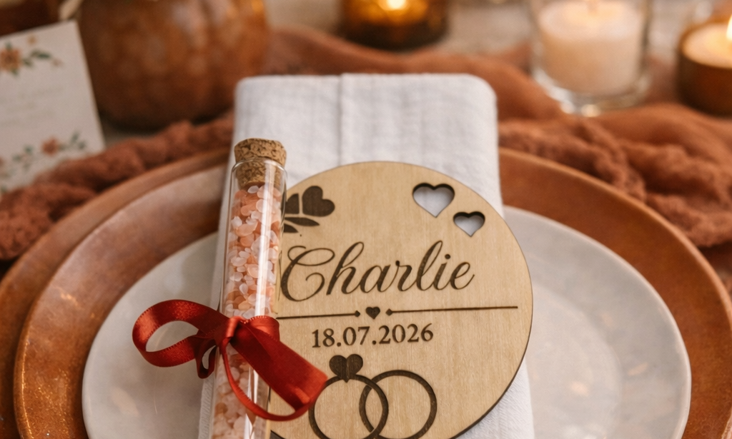 Idée cadeau invité mariage terracotta bohème avec marque-place  en bois personnalisé et éprouvette de sel rose sur décoration de table chaleureuse
