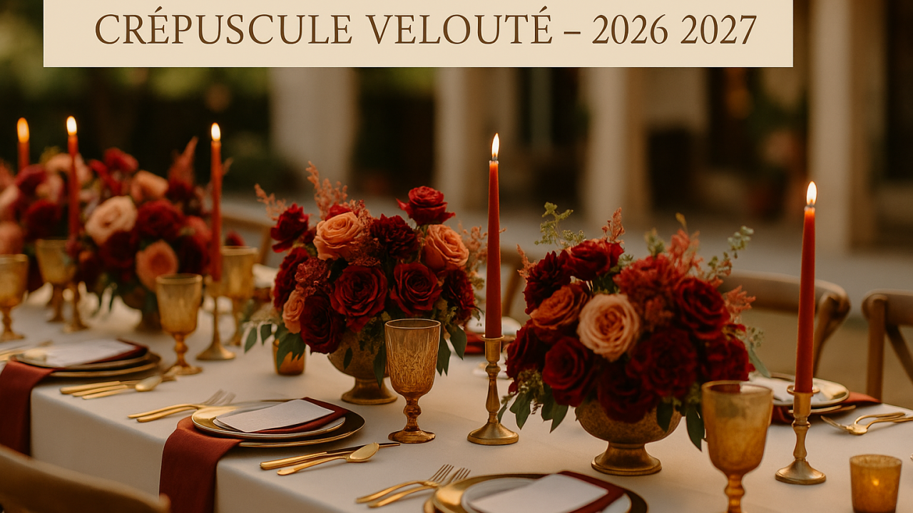 Table de mariage automnale aux tons bordeaux et terracotta, bougies dorées et vaisselle raffinée dans une lumière douce, style Crépuscule Velouté 2026–2027