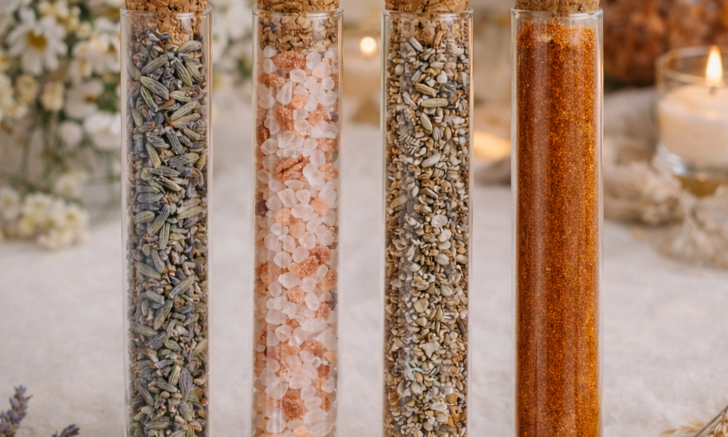 Idées cadeaux invités mariage avec différents tubes en verre remplis de lavande, sel rose, graines et épices, présentation champêtre romantique
