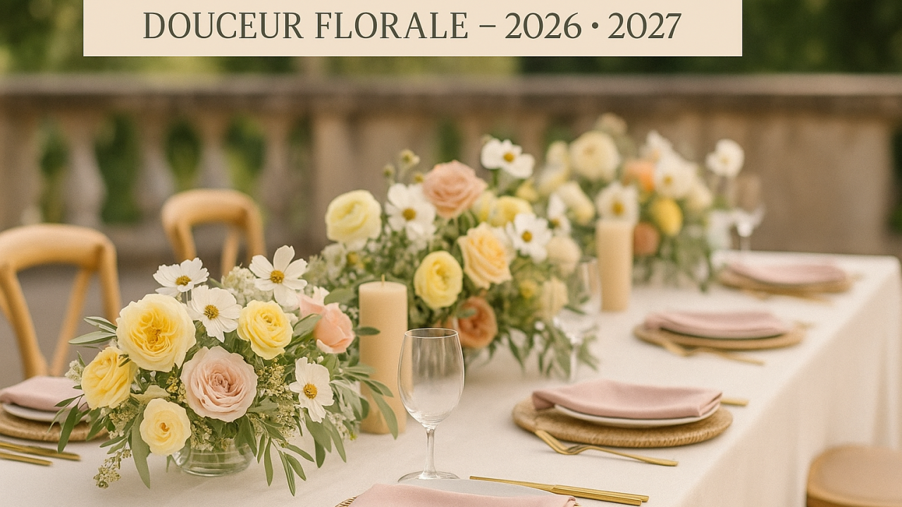 Table de mariage champêtre et lumineuse décorée de fleurs jaune beurre et rose poudré, nappes crème et feuillage vert sauge, style Douceur Florale 2026–2027
