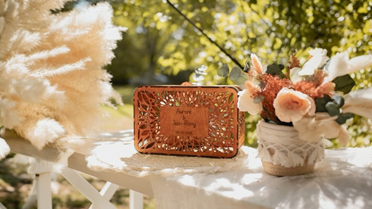 Urne artisanale de mariage au style bohème chic, création personnalisée signée LesCreaDeVal