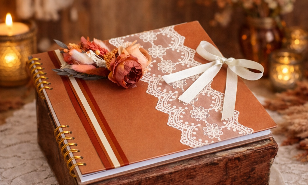 Livre d’or mariage terracotta Collection Tara 2 avec dentelle blanche, ruban satin ivoire et composition florale bohème dans ambiance chaleureuse