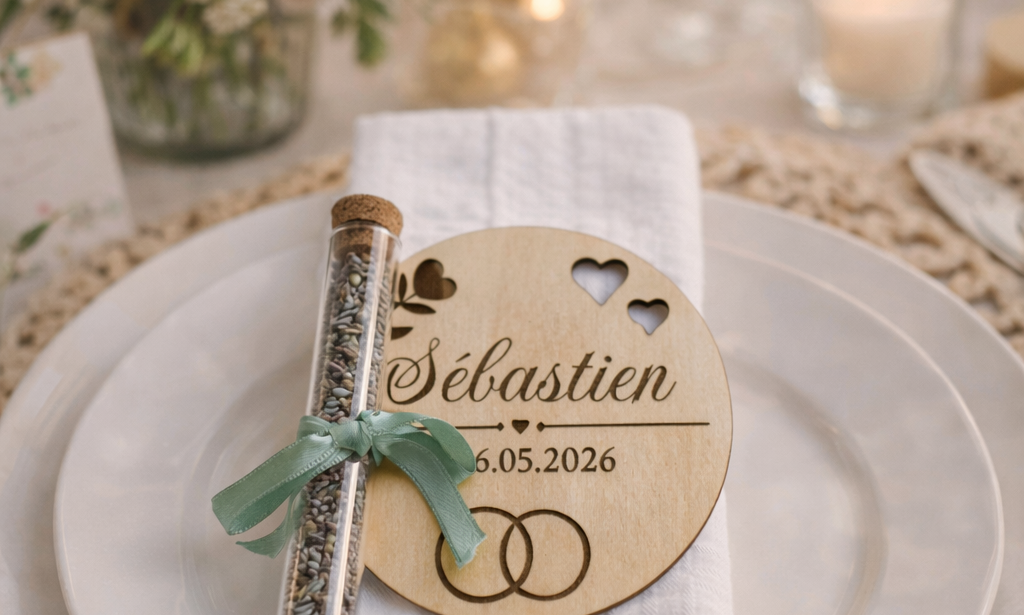 dée cadeau invité mariage champêtre avec marque-place en bois personnalisé et éprouvette de graines, décoration de table romantique aux bougies