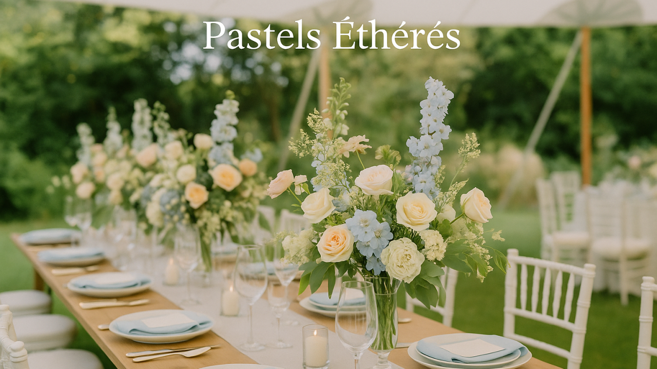 Décor de mariage romantique aux tons lilas, bleu brume et ivoire, fleurs pastel et bougies blanches sur table lumineuse, ambiance aérienne et douce, Pastels Éthérés 2026–2027.