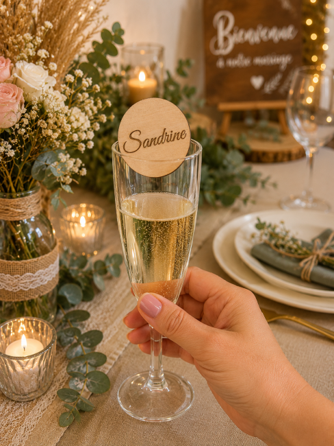 Marque-verre rond personnalisé mariage Marque-verre rond personnalisé en bois pour verre de champagne