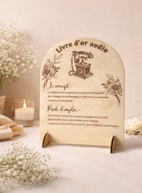 panneau livre d’or audio mariage en bois avec téléphone vintage et bougies ambiance romantique