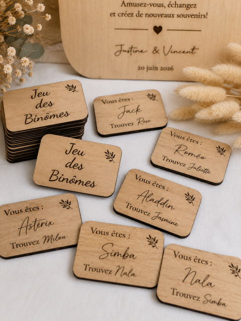 Cartes en bois gravées pour jeu des binômes mariage animation de table