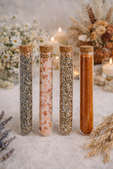 Cadeau invité mariage bohème avec tube de lavande et marque-place en bois personnalisé 4 versions disponibles – Lavande, Sel rose, Graines ou Épices – Cadeau invité mariage original